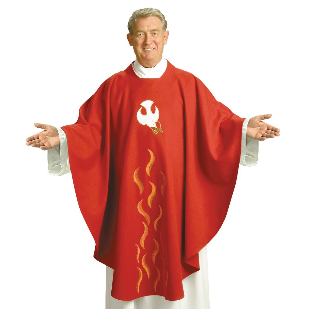 dove and flames embroidery red chasuble