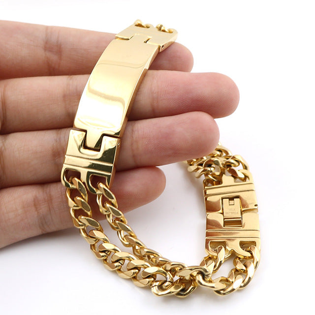 Men Jewelry Gold Bracelet Length Double Lines Charming Bracelet Stainl – Fashion Flippes