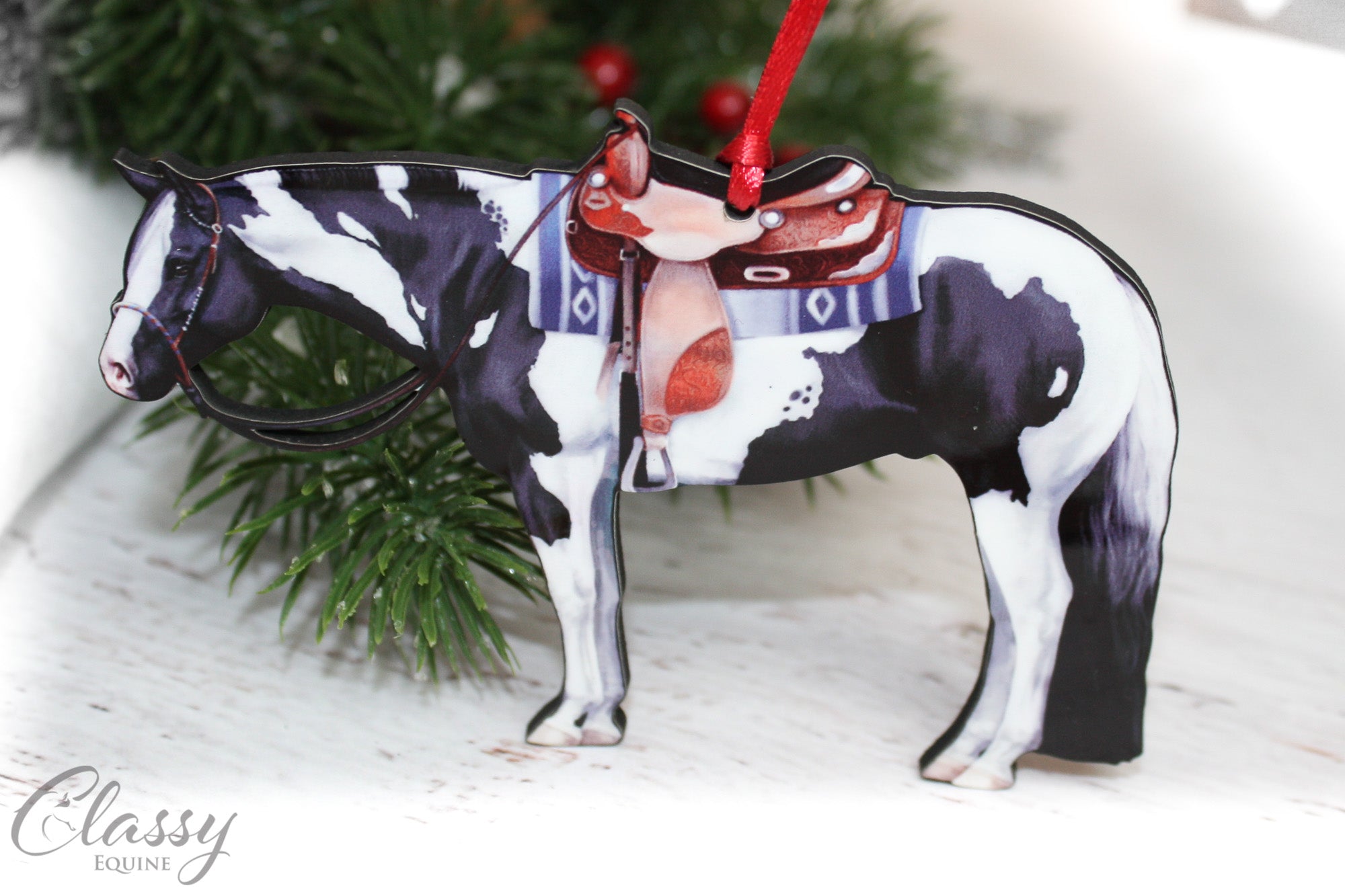 Black White Tobiano Western Paint Horse Ornament Classy Equine