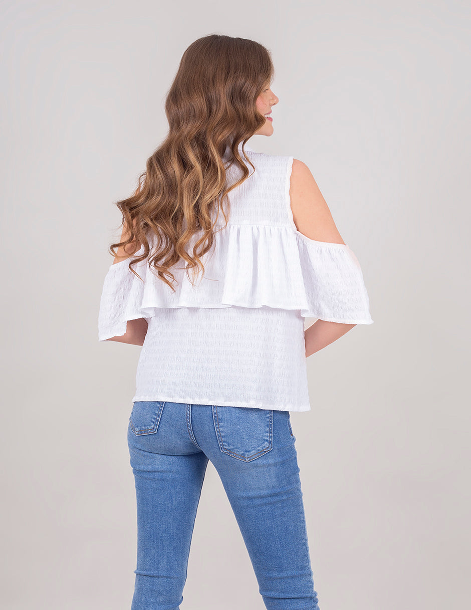 Propuesta alternativa a lo largo Autorización Blusa off shoulder texturizada Azul y Blanco – Salsa Clothing Co.