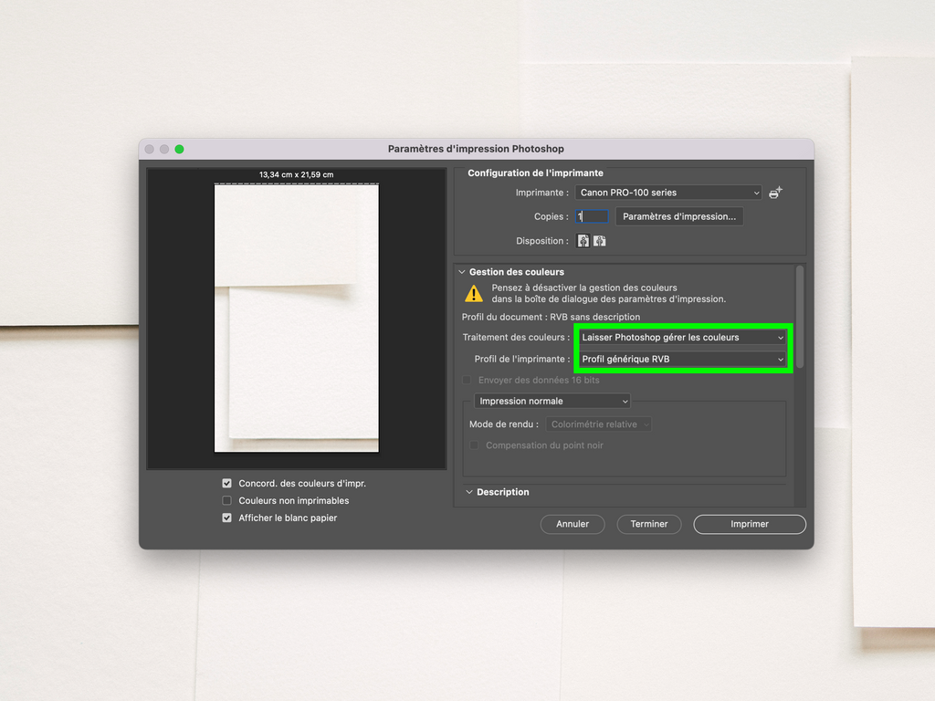 Printing settings in Photoshop