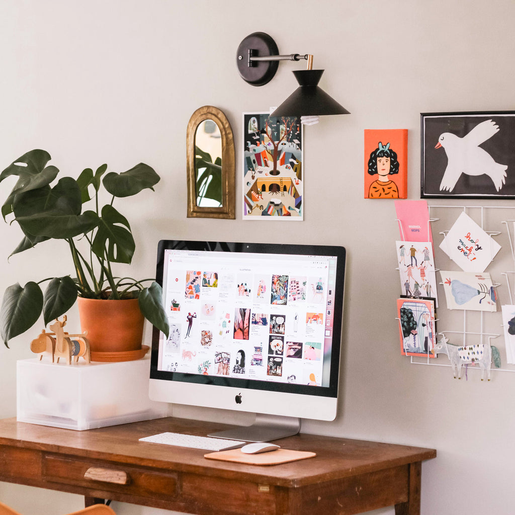 Artist Desk with cards and art prints