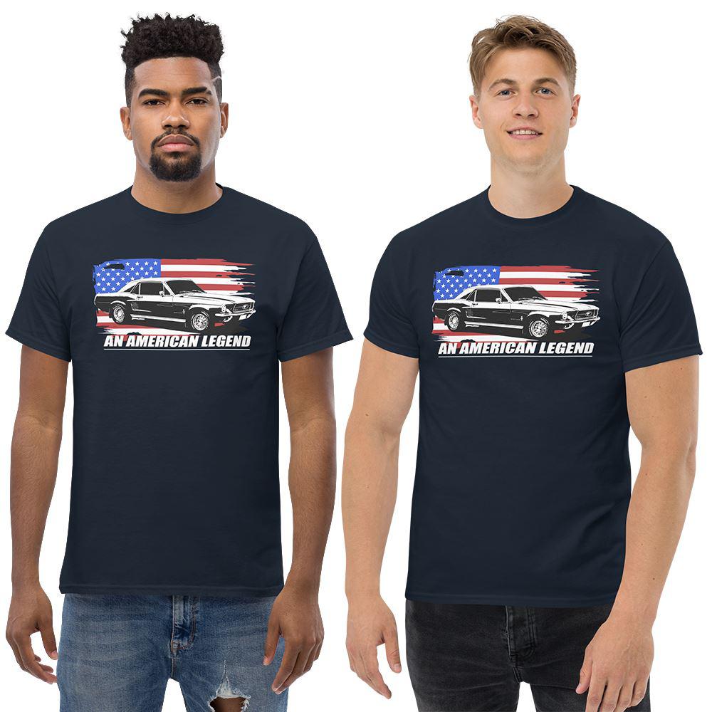 Men Wearing A 1967 Mustang Fastback T-Shirt From Aggressive Thread - Color Navy