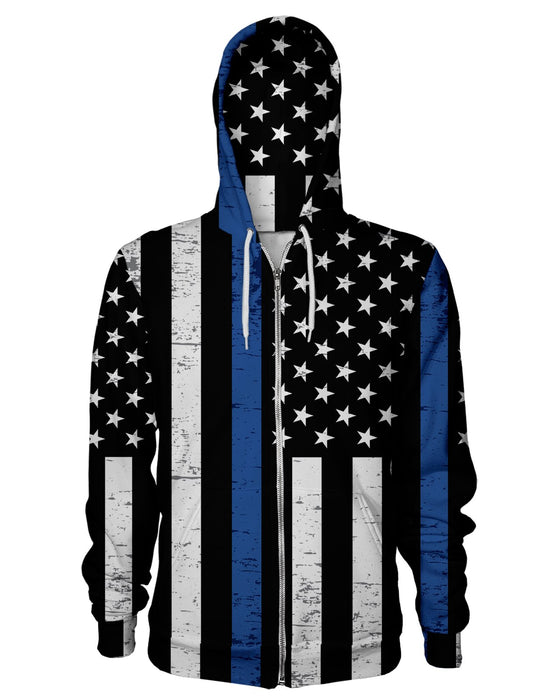 Thin Blue Line Grunge Zip Hoodie | All Over Shirts — allovershirts.com