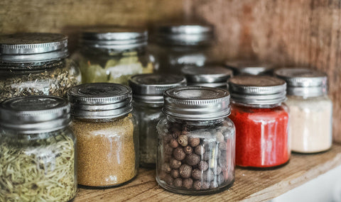 Glass mason jars of food and spices