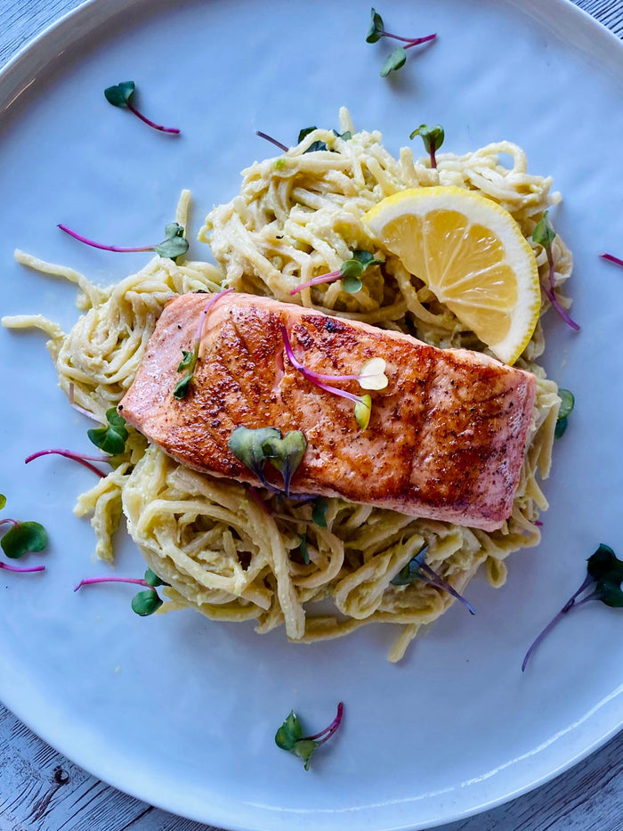 Hearts of Palm Pasta with Pan-Seared Salmon | Sports Research