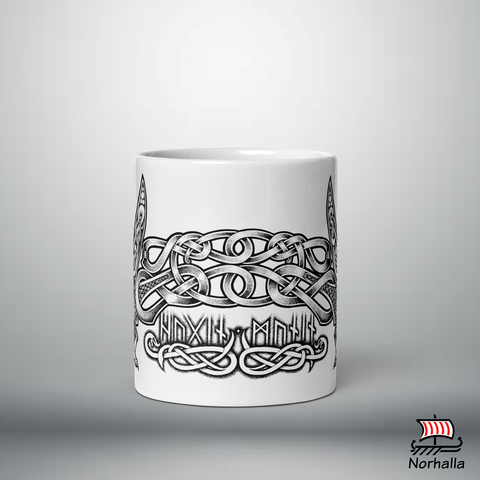 This beautiful ceramic mug is decorated with unique original art featuring Odin's ravens Hugin & Munin in classic Nordic knots and dot style by Swedish artist Micke Johansson. Norhalla.com