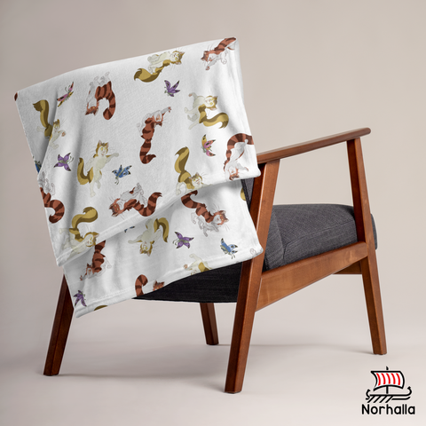 Snuggle up with Freyja's cats Beegul and Treegul in this soft and cozy fleece throw blanket. Norhalla.com