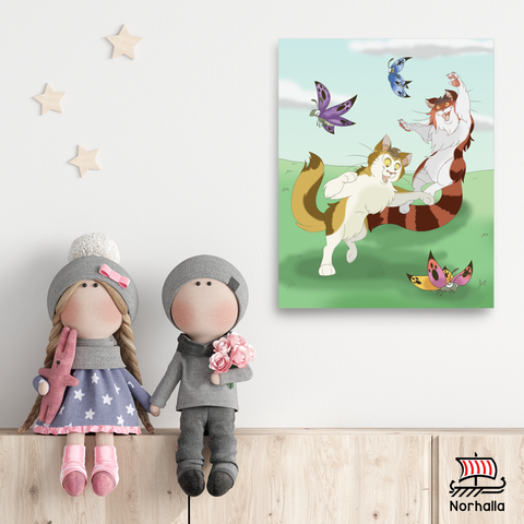 Ready to frame or hang as-is, Freyja's cats Beegul & Treegul are printed on museum-quality thick matte paper. Hang this in your child's room, or kid's reading nook to brighten any area of your home! Norhalla.com