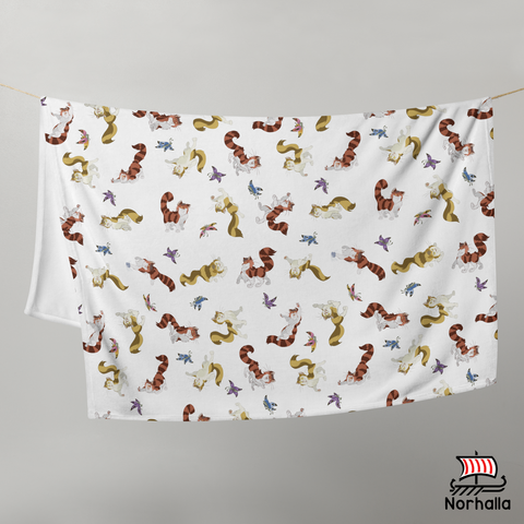 Snuggle up with Freyja's cats Beegul and Treegul in this soft and cozy fleece throw blanket. Norhalla.com