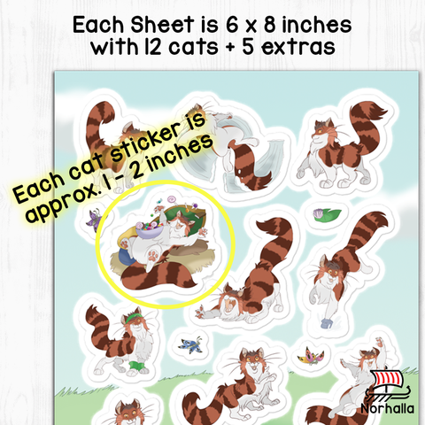 Two full sheets of glossy stickers featuring the Norse goddess Freyja's fluffy cats, Beegul & Treegul!  Each sheet has 17 unique stickers - a total of 34 stickers all together! Norhalla.com