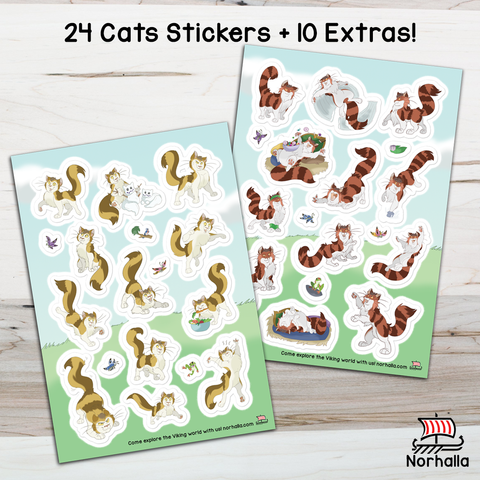 Two full sheets of glossy stickers featuring the Norse goddess Freyja's fluffy cats, Beegul & Treegul!  Each sheet has 17 unique stickers - a total of 34 stickers all together! Norhalla.com