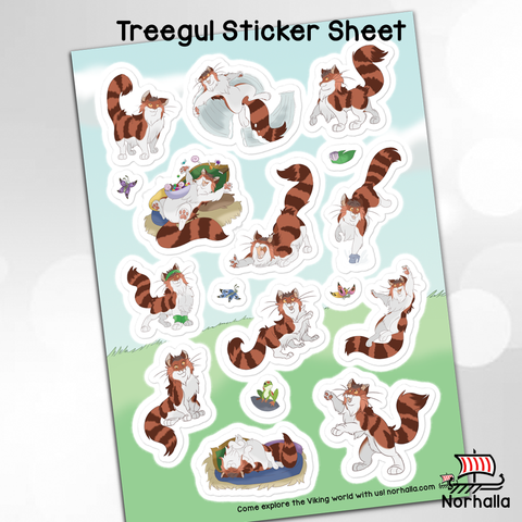 Two full sheets of glossy stickers featuring the Norse goddess Freyja's fluffy cats, Beegul & Treegul!  Each sheet has 17 unique stickers - a total of 34 stickers all together! Norhalla.com