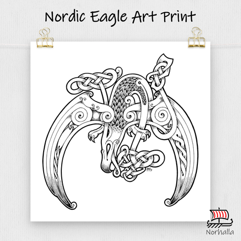 Nordic knot and dot style original art print featuring an Eagle, from lore Thiazi disguised  himself as an Eagle to capture Idunna. Norhalla.com