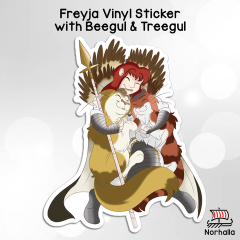 Norse goddess Freyja with her cats Beegul & Treegul vinyl sticker! Norhalla.com