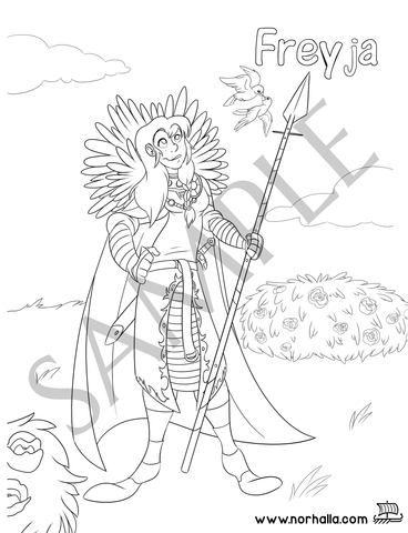 Freyja Norse Viking goddess coloring page digital download for print. This coloring page features Freyja, Vanir goddess of love and war.