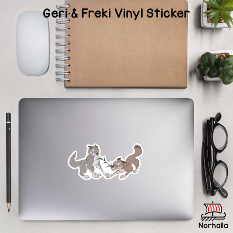Vinyl sticker featuring Odin's wolves, Geri and Freki to decorate your laptop, water bottle, or notebook with these adorable designs! Norhalla.com