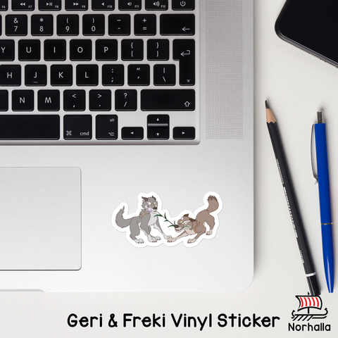 Vinyl sticker featuring Odin's wolves, Geri and Freki to decorate your laptop, water bottle, or notebook with these adorable designs! Norhalla.com