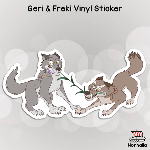 Vinyl sticker featuring Odin's wolves, Geri and Freki to decorate your laptop, water bottle, or notebook with these adorable designs! Norhalla.com
