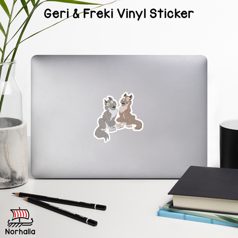 Vinyl sticker featuring Odin's wolves, Geri and Freki to decorate your laptop, water bottle, or notebook with these adorable designs! norhalla.com