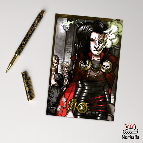 Original art print postcard featuring Hela, ruler of Hel by artist Nicolás R. Giacondino. Norhalla.com