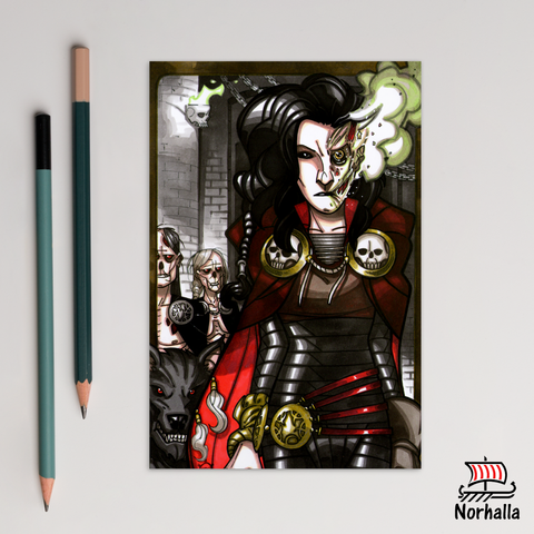 Original art print postcard featuring Hela, ruler of Hel by artist Nicolás R. Giacondino. Norhalla.com