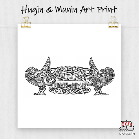 Nordic knot and dot style art featuring Odin's ravens Hugin and Munin. Museum-quality print made on thick matte paper. Norhalla.com