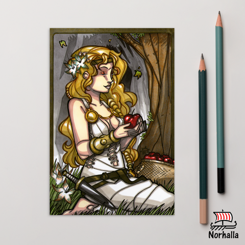 Original art print postcard featuring Idunna kneeling in her garden by artist Nicolás R. Giacondino. Norhalla.com