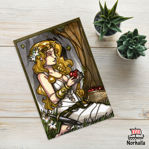 Original art print postcard featuring Idunna kneeling in her garden by artist Nicolás R. Giacondino. Norhalla.com