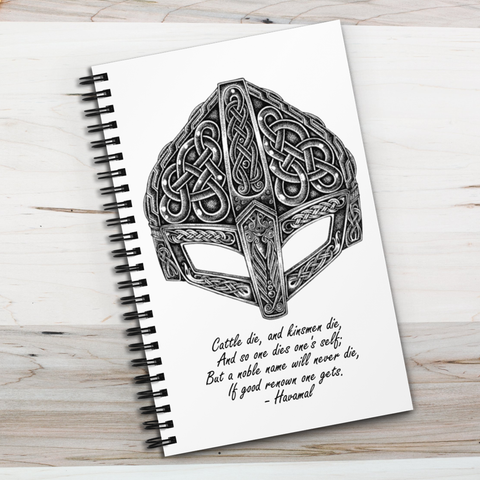 Original art print journal featuring a Viking helmet by Swedish artist Micke Johansson. Artwork created with classic Nordic knot and dot style. Norhalla.com