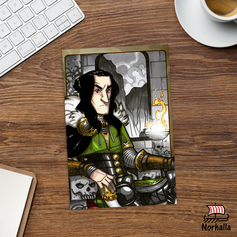 Original art print postcard featuring Loki by artist Nicolás R. Giacondino. Norhalla.com