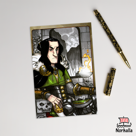 Original art print postcard featuring Loki by artist Nicolás R. Giacondino. Norhalla.com