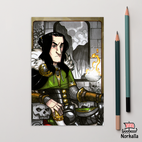 Original art print postcard featuring Loki by artist Nicolás R. Giacondino. Norhalla.com