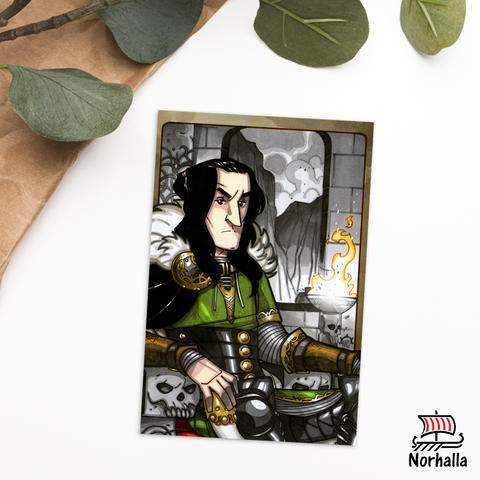 Original art print postcard featuring Loki by artist Nicolás R. Giacondino. Norhalla.com