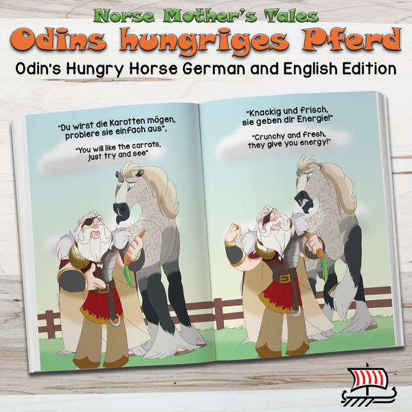 Erlebe mit deinen Kleinen ein Abenteuer mit Odin und seinem Pferd Sleipnir! Odins hungriges Pferd ist eine entzückende Geschichte, die Kindern beibringt, neue Dinge auszuprobieren und neue Erfahrungen zu genießen. Gib deine Liebe zum nordischen und wikingerzeitlichen Erbe und zur Kultur mit dieser bezaubernden Vorlesegeschichte weiter, in der der nordische Gott Odin seinem Pferd Sleipnir beibringt, neue Lebensmittel zu probieren.