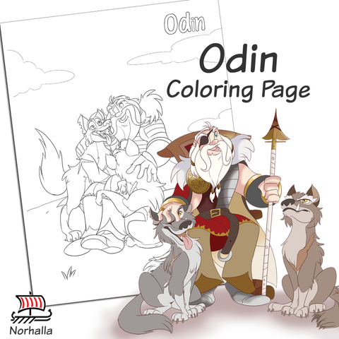 Odin Norse Viking god coloring page digital download for print. This coloring page features Odin along with his 8 legged horse Sleipnir, his wolves Geri and Freki, and his ravens Hugin and Munin. Digital file can be printed on any medium you choose to color or paint!