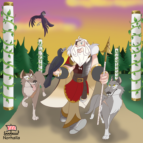 Odin with Geri and Freki, Hugin and Munin illustration by Kat Massey, copyright Norhalla, Inc.