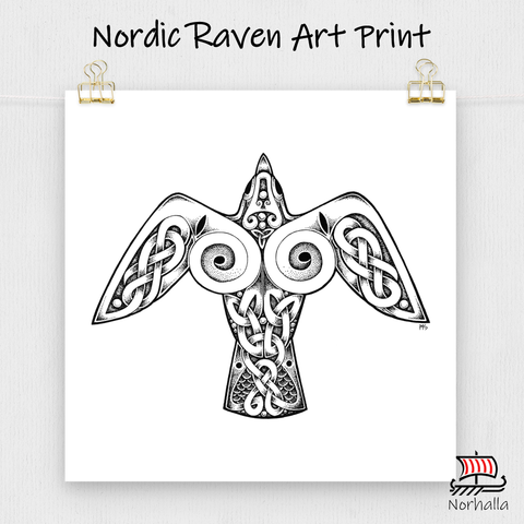 Nordic knot and dot style art featuring a Raven. Norhalla.com