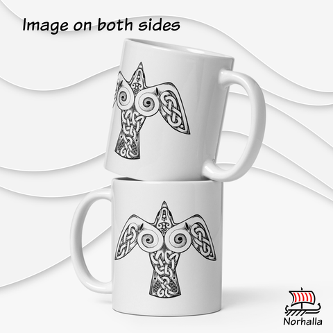 This beautiful ceramic mug is decorated with unique original art featuring a Raven in classic Nordic knots and dot style by Swedish artist Micke Johansson. Norhalla.com