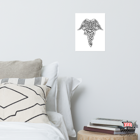 Nordic knot and dot style original art print featuring Odin's ravens Hugin and Munin. Norhalla.com