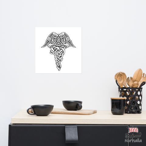 Nordic knot and dot style original art print featuring Odin's ravens Hugin and Munin. Norhalla.com