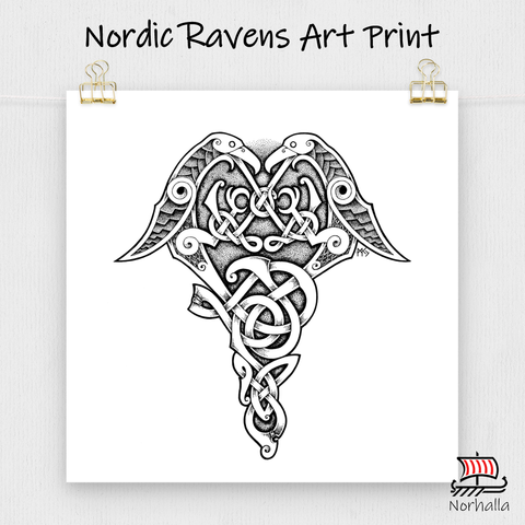 Nordic knot and dot style original art print featuring Odin's ravens Hugin and Munin. Norhalla.com