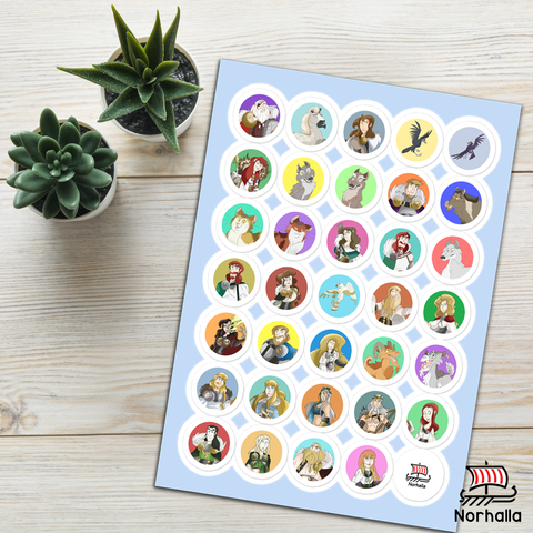 Sticker sheet with 35 glossy stickers featuring Norhalla's Norse characters from our children's book series! Norhalla.com