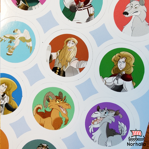 Sticker sheet with 35 glossy stickers featuring Norhalla's Norse characters from our children's book series! Norhalla.com