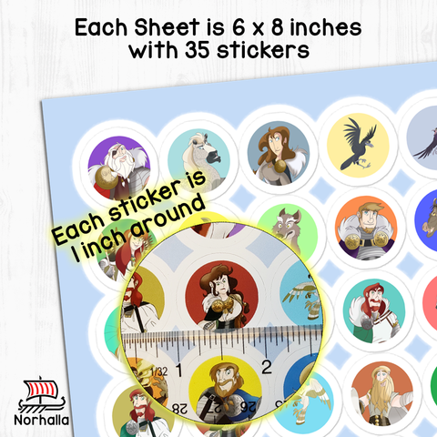 Sticker sheet with 35 glossy stickers featuring Norhalla's Norse characters from our children's book series! Norhalla.com