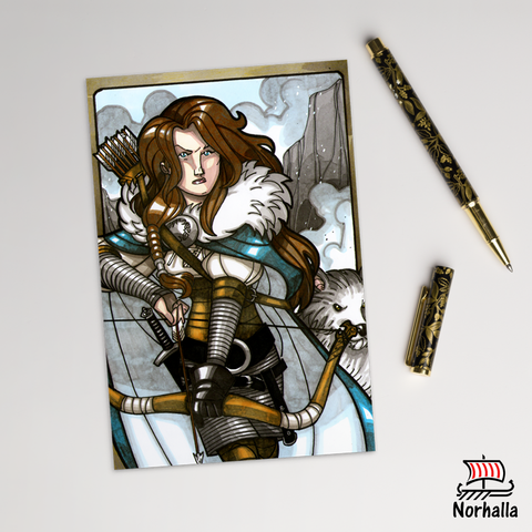 Original art print postcard featuring Skadi by artist Nicolás R. Giacondino. Norhalla.com