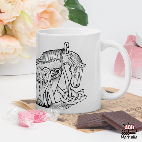 This beautiful ceramic mug is decorated with unique original art featuring Odin's eight-legged horse Sleipnir in classic Nordic knots and dot style by Swedish artist Micke Johansson.