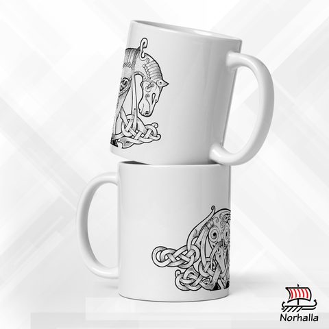 This beautiful ceramic mug is decorated with unique original art featuring Odin's eight-legged horse Sleipnir in classic Nordic knots and dot style by Swedish artist Micke Johansson. Norhalla.com