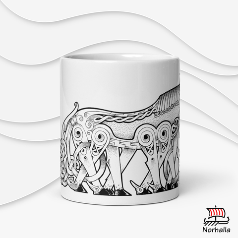 This beautiful ceramic mug is decorated with unique original art featuring Odin's eight-legged horse Sleipnir in classic Nordic knots and dot style by Swedish artist Micke Johansson. Norhalla.com