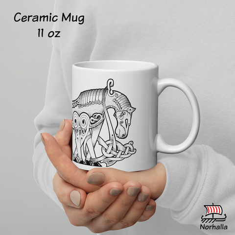 This beautiful ceramic mug is decorated with unique original art featuring Odin's eight-legged horse Sleipnir in classic Nordic knots and dot style by Swedish artist Micke Johansson. Norhalla.com